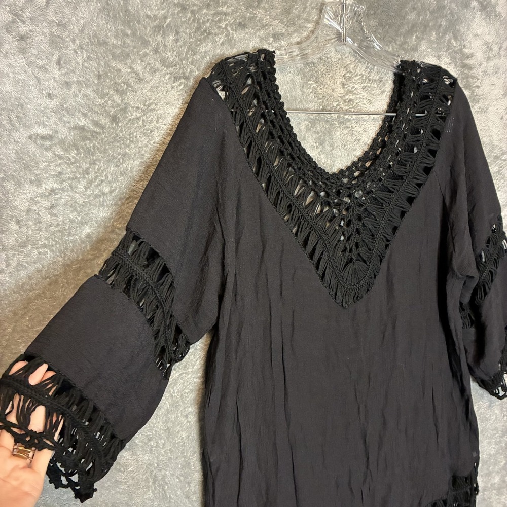 Womens Black Crochet Cover Up M Boho Goth Festival Fringe Hem Beach Vacation